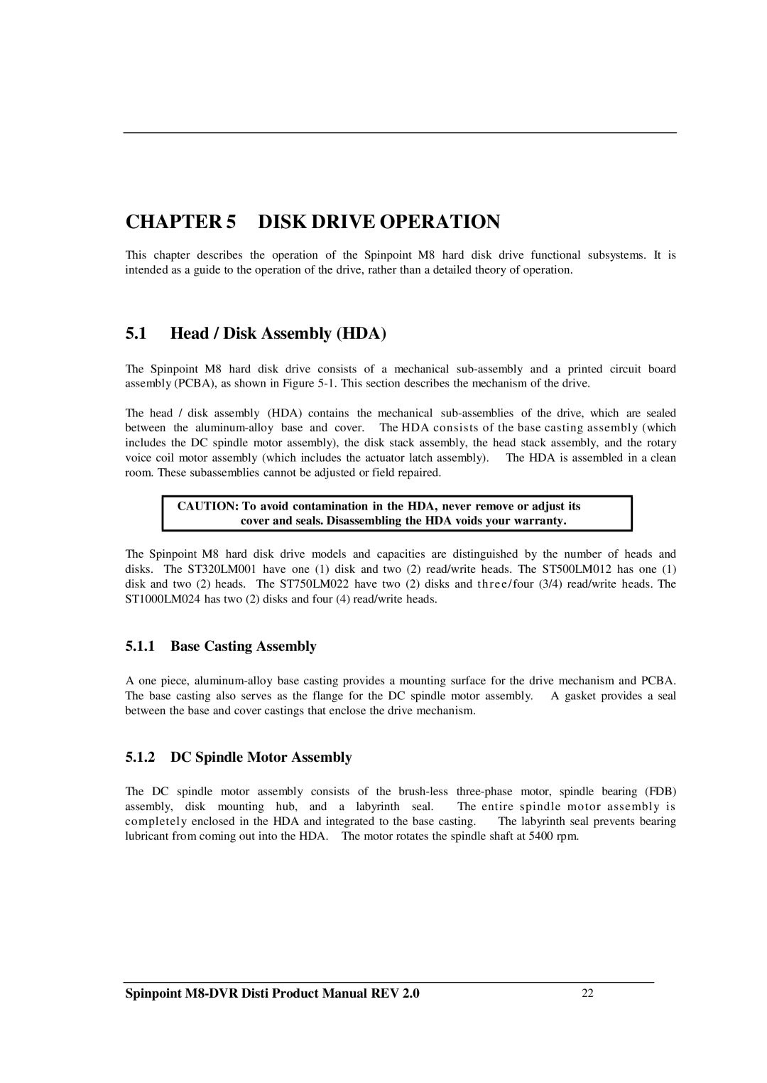 Samsung M8-DVR manual Disk Drive Operation, Head / Disk Assembly HDA, Base Casting Assembly, DC Spindle Motor Assembly 