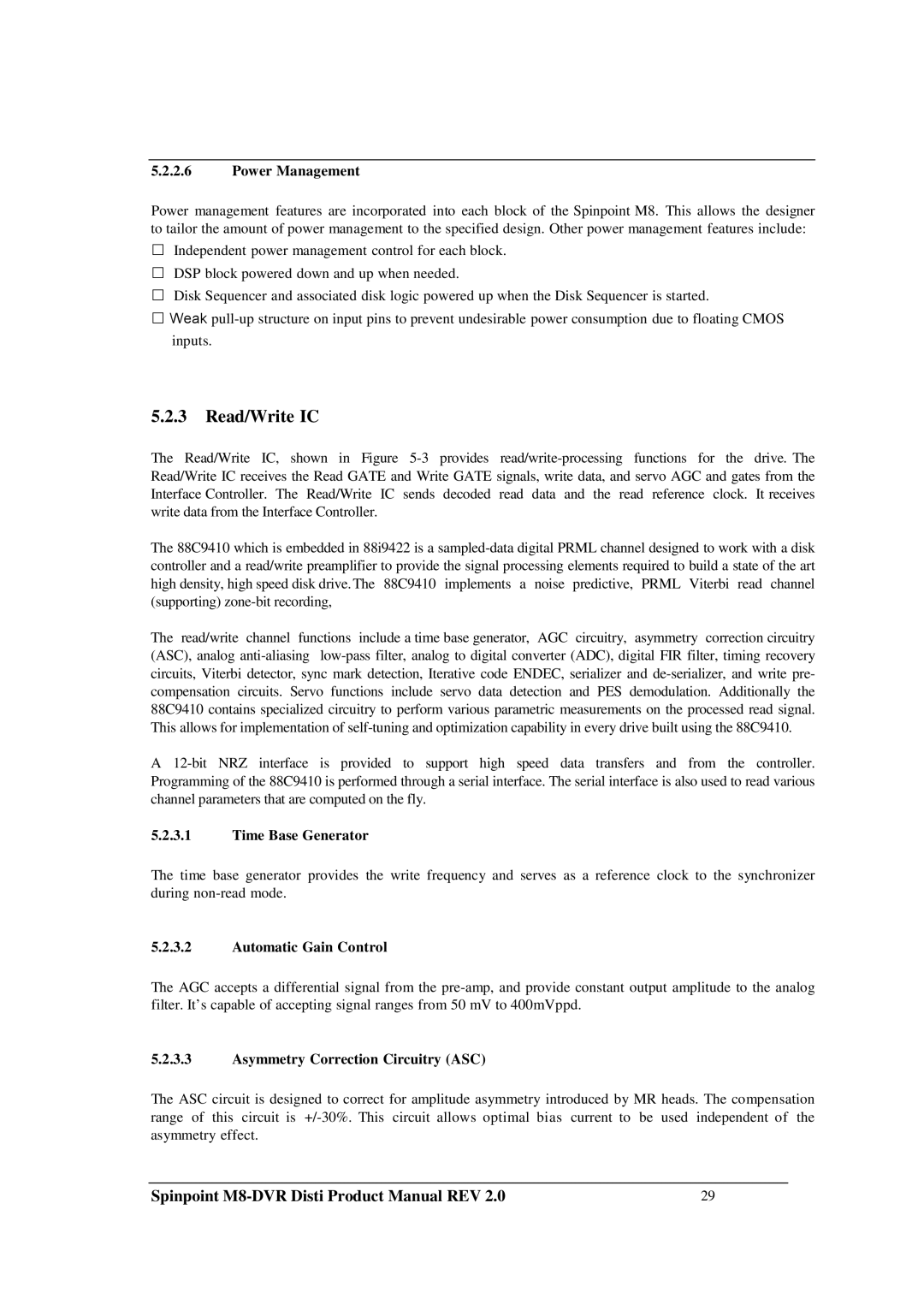 Samsung M8-DVR manual Read/Write IC, Power Management, Time Base Generator, Automatic Gain Control 