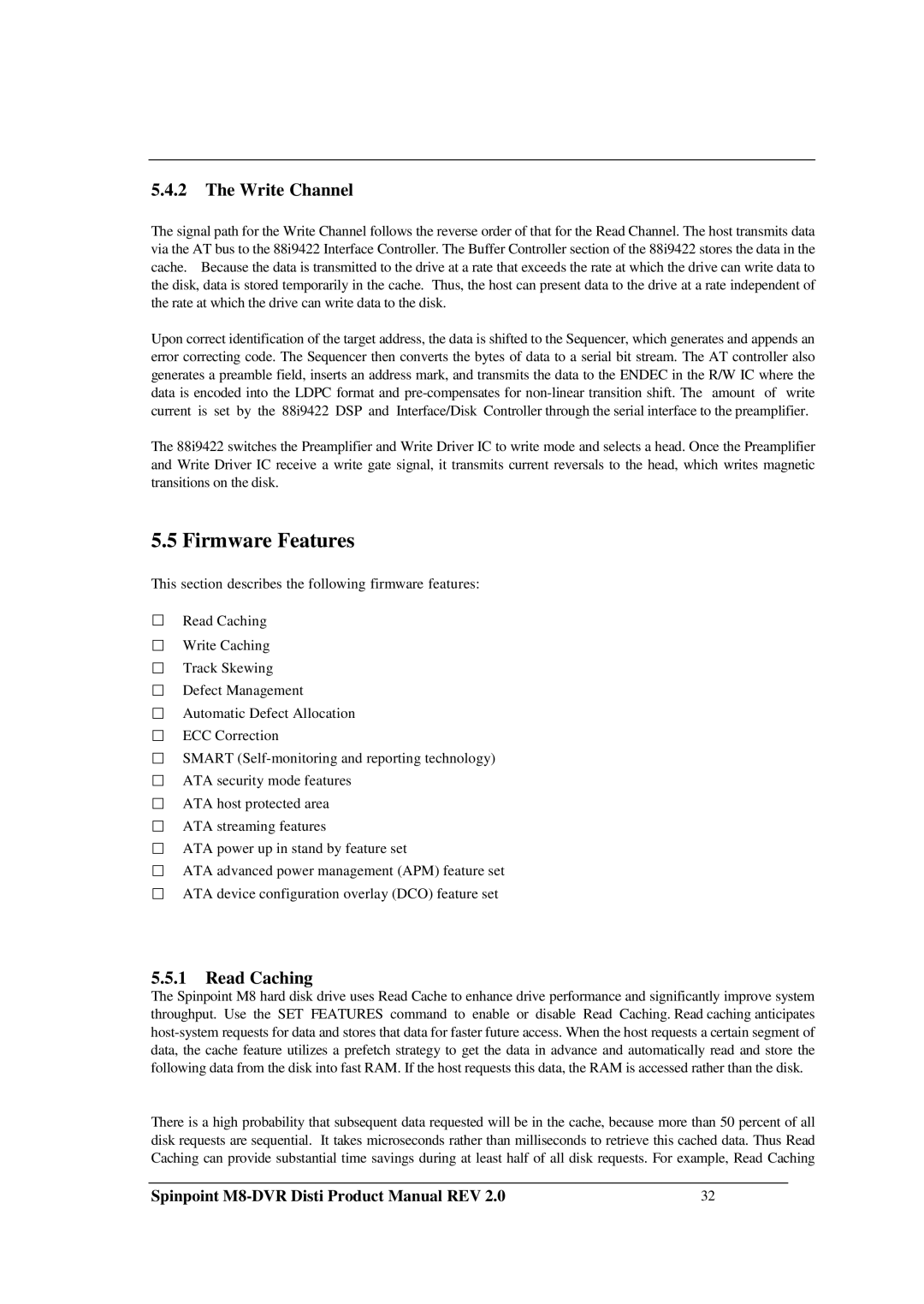 Samsung M8-DVR manual Firmware Features, Write Channel, Read Caching 