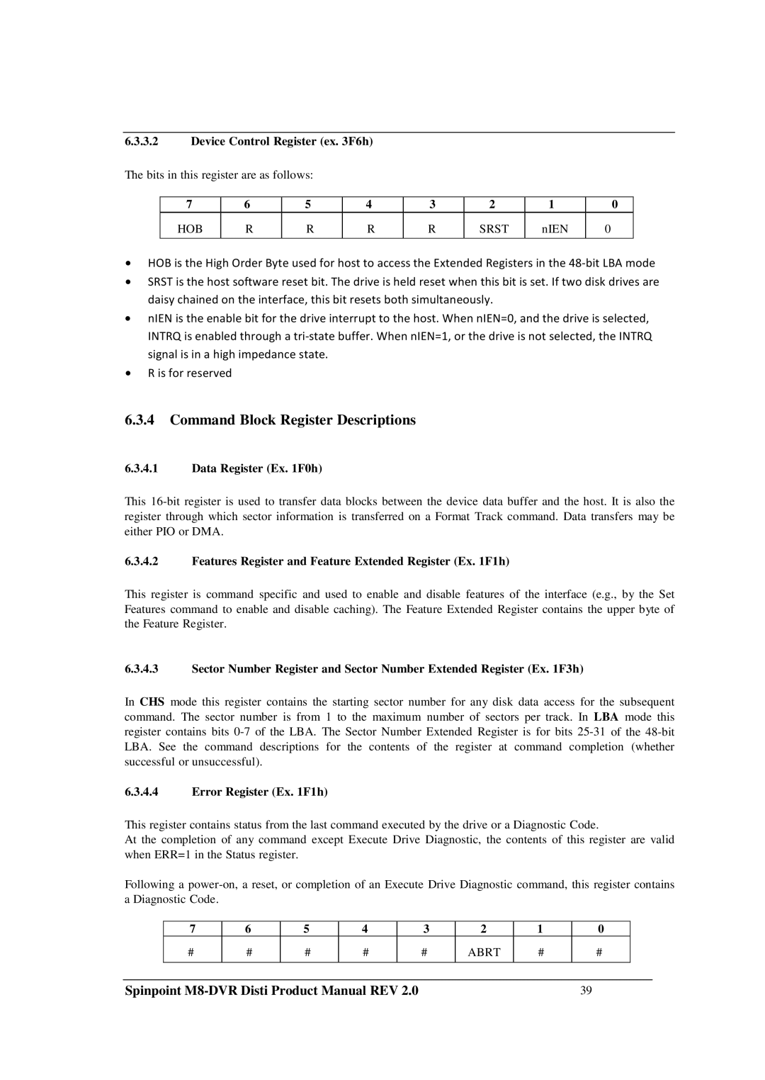 Samsung M8-DVR manual Command Block Register Descriptions 