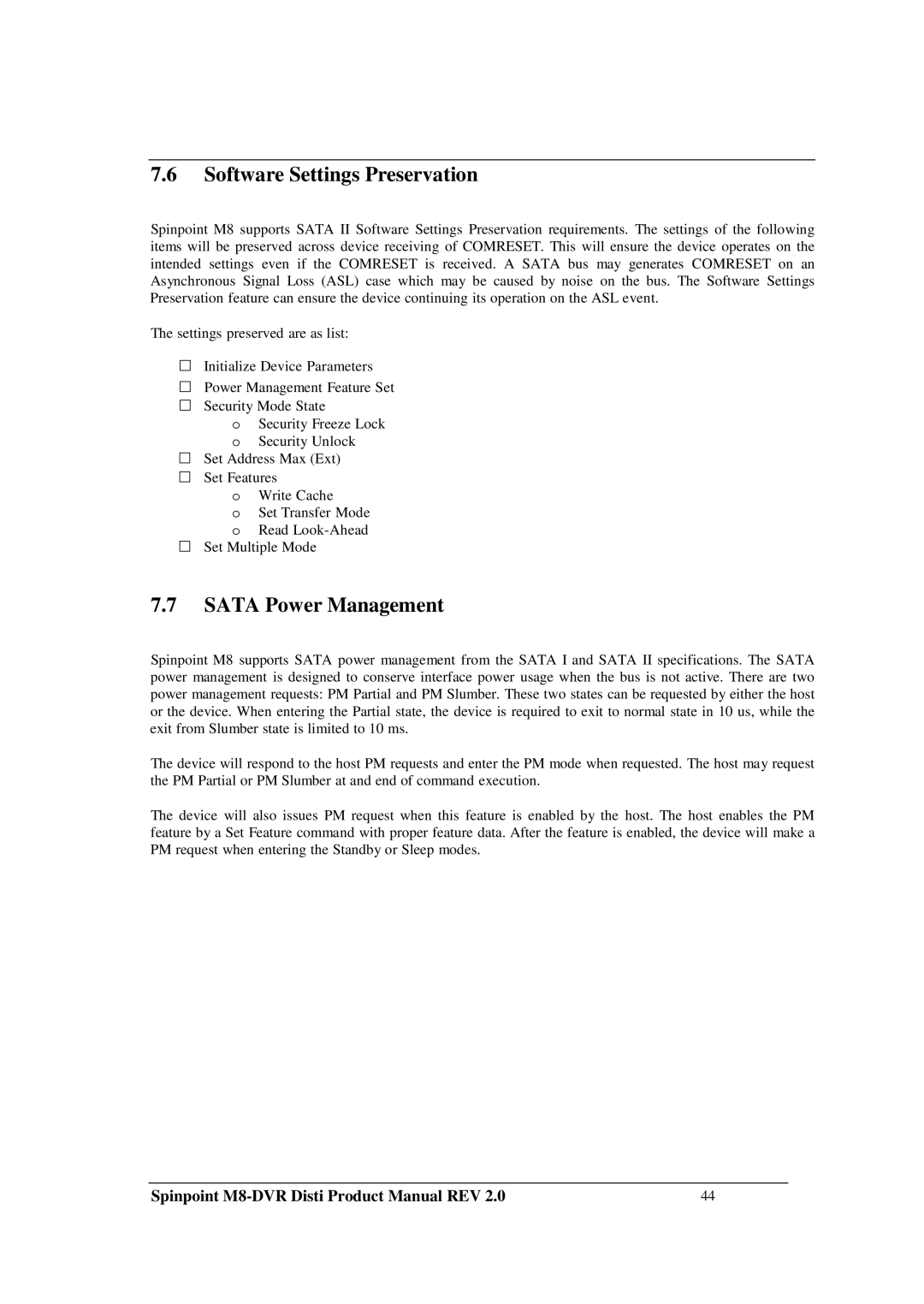 Samsung M8-DVR manual Software Settings Preservation, Sata Power Management 