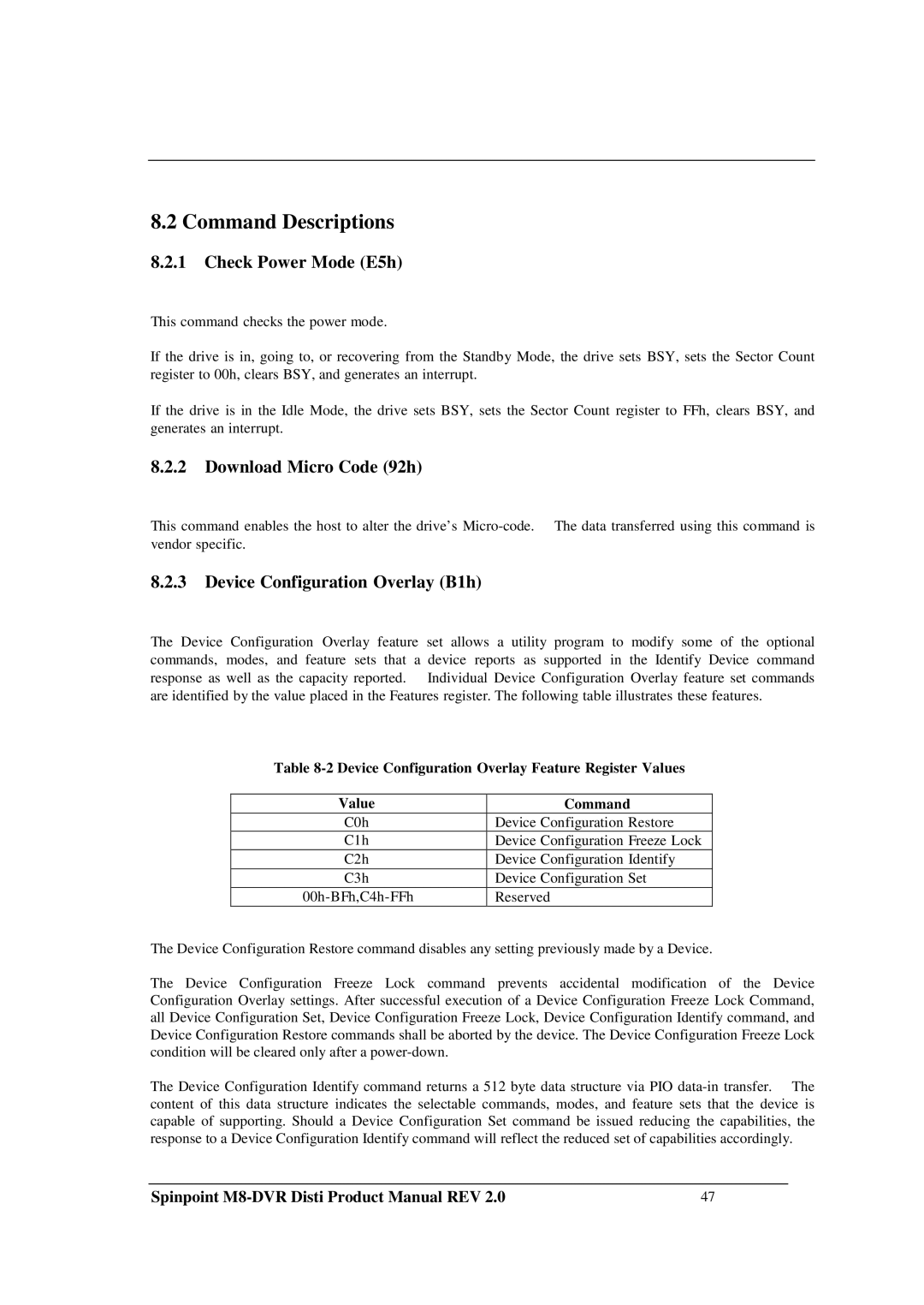 Samsung M8-DVR manual Command Descriptions, Check Power Mode E5h, Download Micro Code 92h, Device Configuration Overlay B1h 