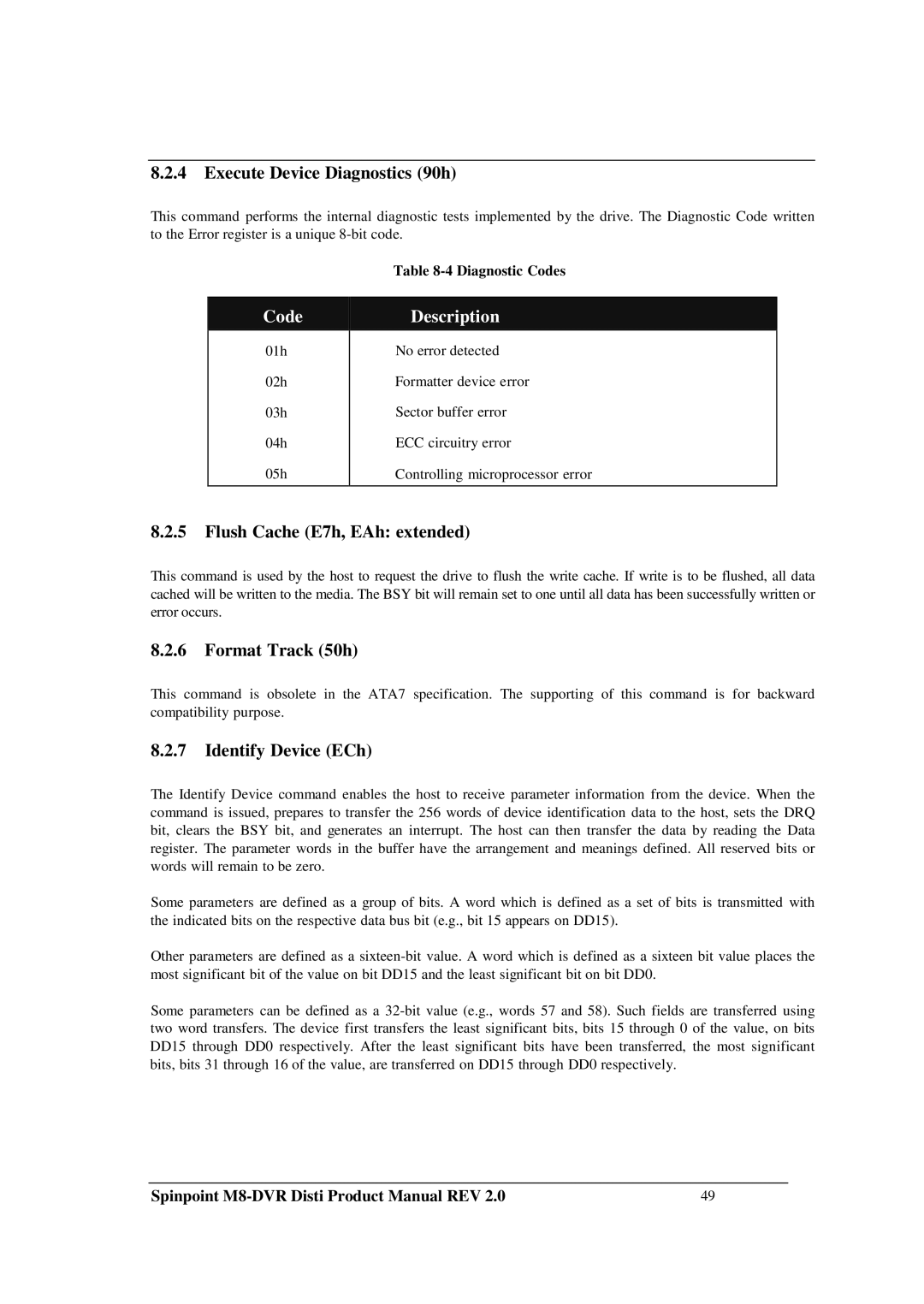 Samsung M8-DVR manual Execute Device Diagnostics 90h, Flush Cache E7h, EAh extended, Format Track 50h, Identify Device ECh 