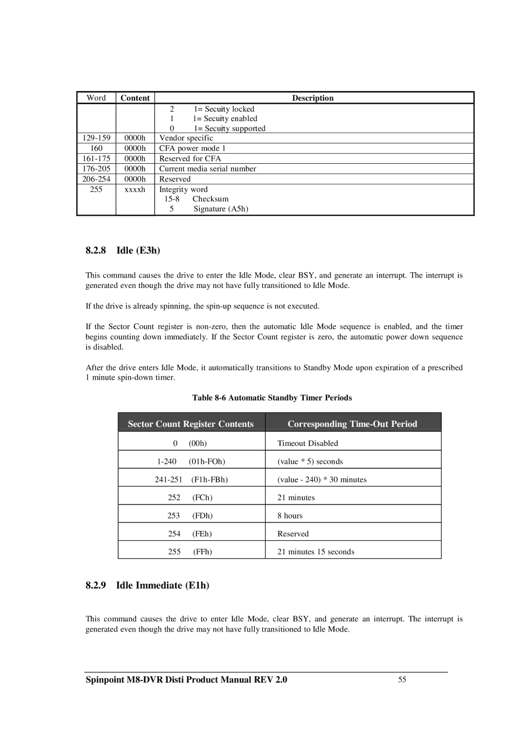Samsung M8-DVR manual Idle E3h, Idle Immediate E1h, Automatic Standby Timer Periods 