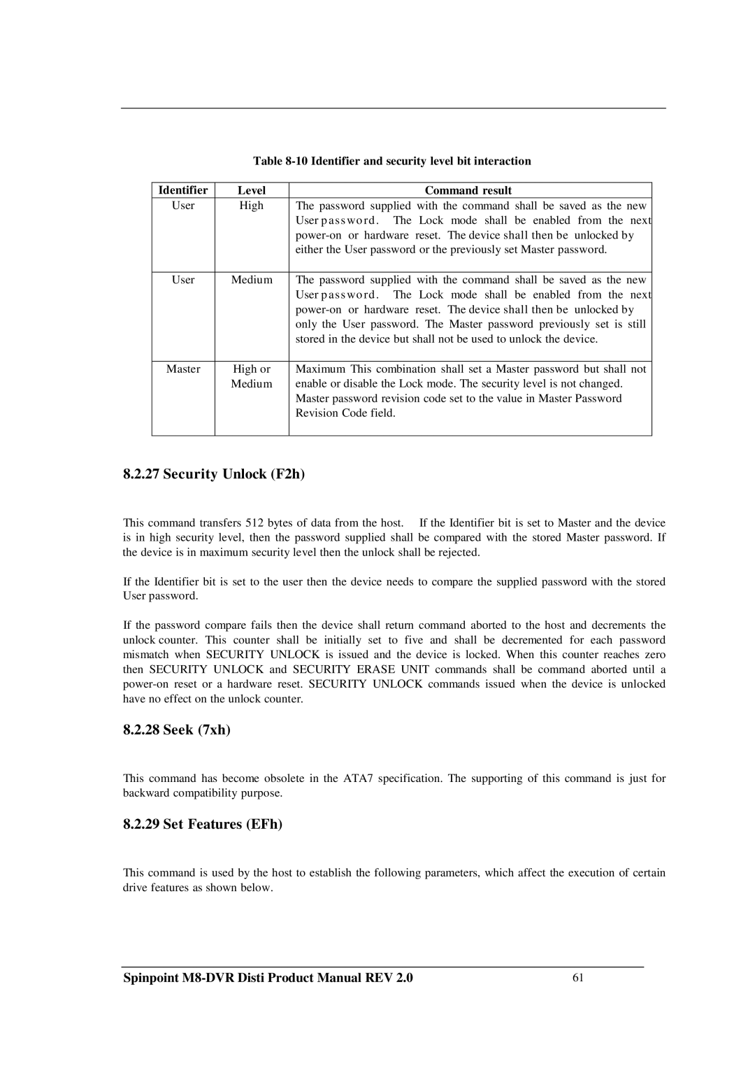 Samsung M8-DVR manual Security Unlock F2h, Seek 7xh, Set Features EFh, Identifier and security level bit interaction 