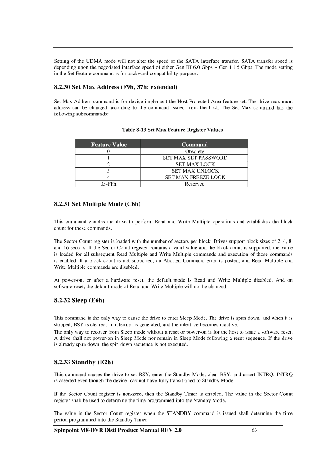 Samsung M8-DVR manual Set Max Address F9h, 37h extended, Set Multiple Mode C6h, Sleep E6h, Standby E2h 