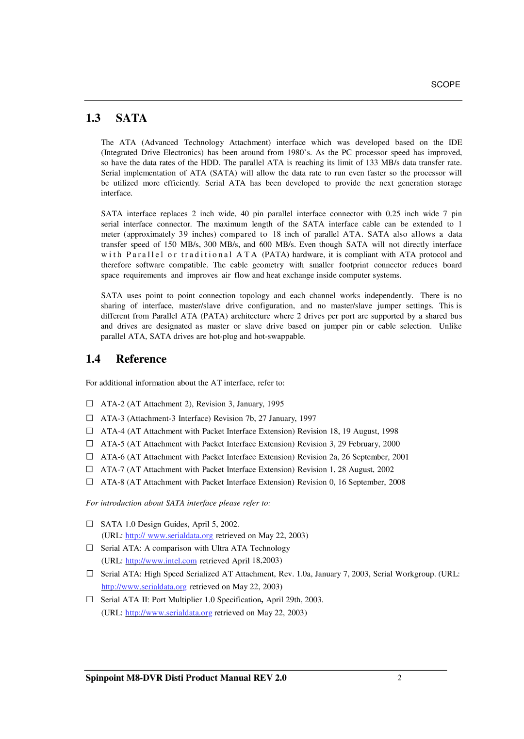 Samsung M8-DVR manual Sata, Reference 