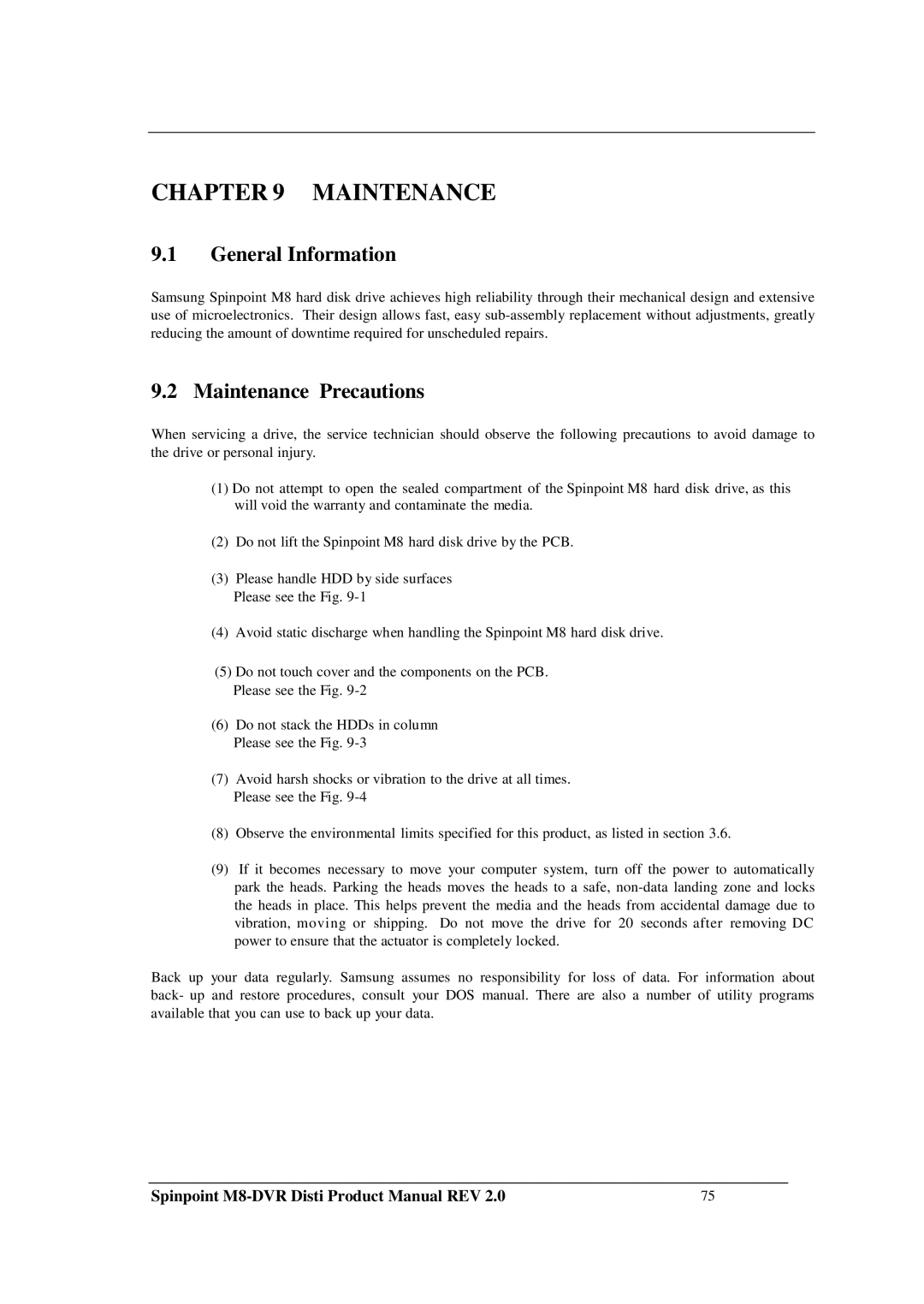 Samsung M8-DVR manual General Information, Maintenance Precautions 