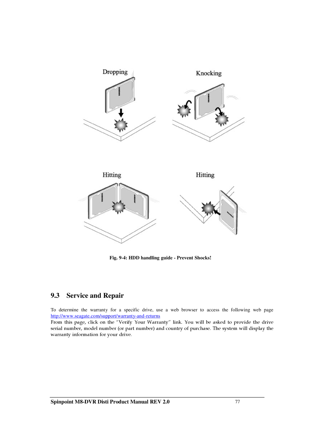 Samsung M8-DVR manual Service and Repair, HDD handling guide Prevent Shocks 