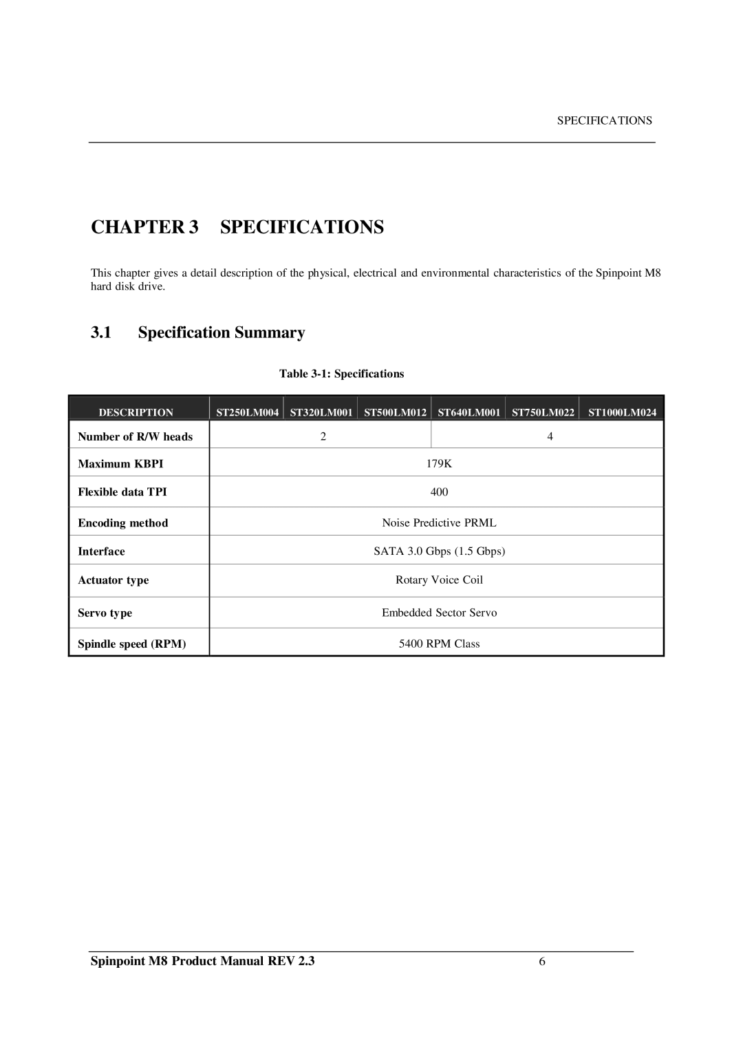 Samsung M8 manual Specifications, Specification Summary, Spindle speed RPM RPM Class 