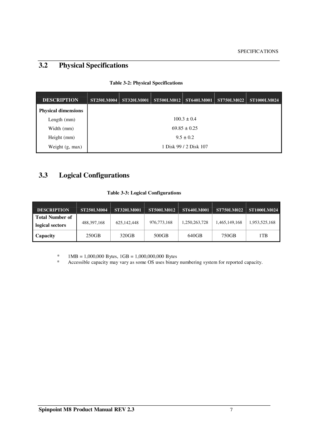 Samsung M8 manual Physical Specifications, Logical Configurations, Physical dimensions 