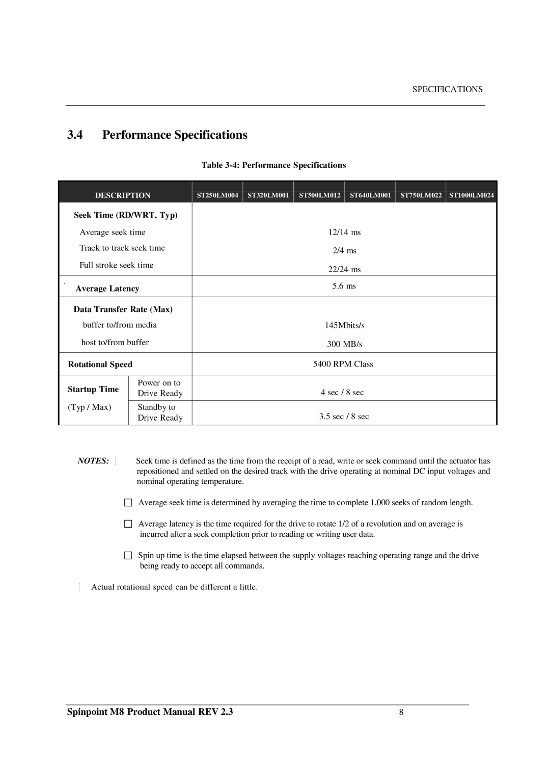 Samsung M8 manual Performance Specifications 