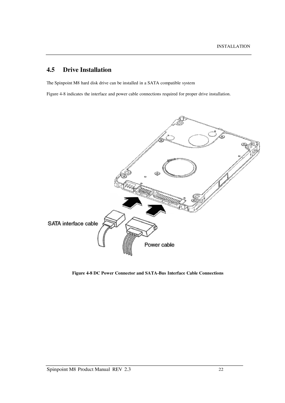 Samsung M8 manual Drive Installation, DC Power Connector and SATA-Bus Interface Cable Connections 