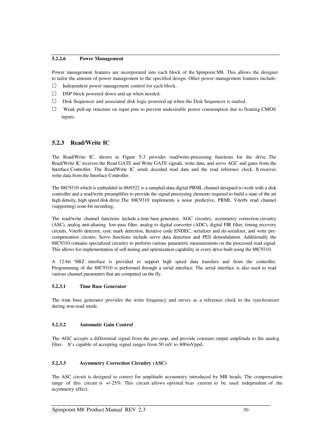 Samsung M8 manual Read/Write IC, Power Management, Time Base Generator, Automatic Gain Control 