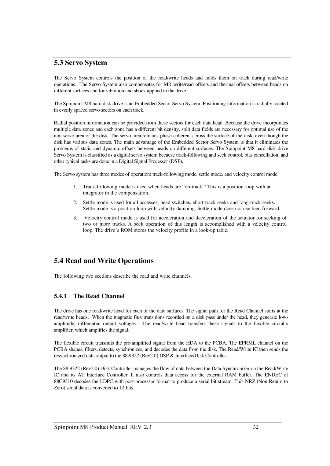 Samsung M8 manual Servo System, Read and Write Operations, Read Channel 