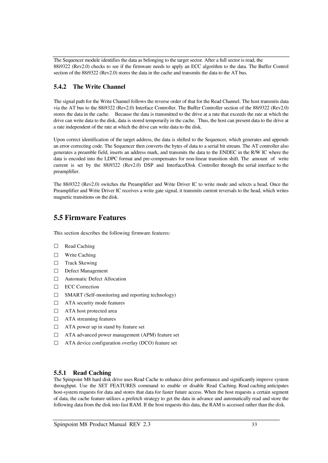 Samsung M8 manual Firmware Features, Write Channel, Read Caching 