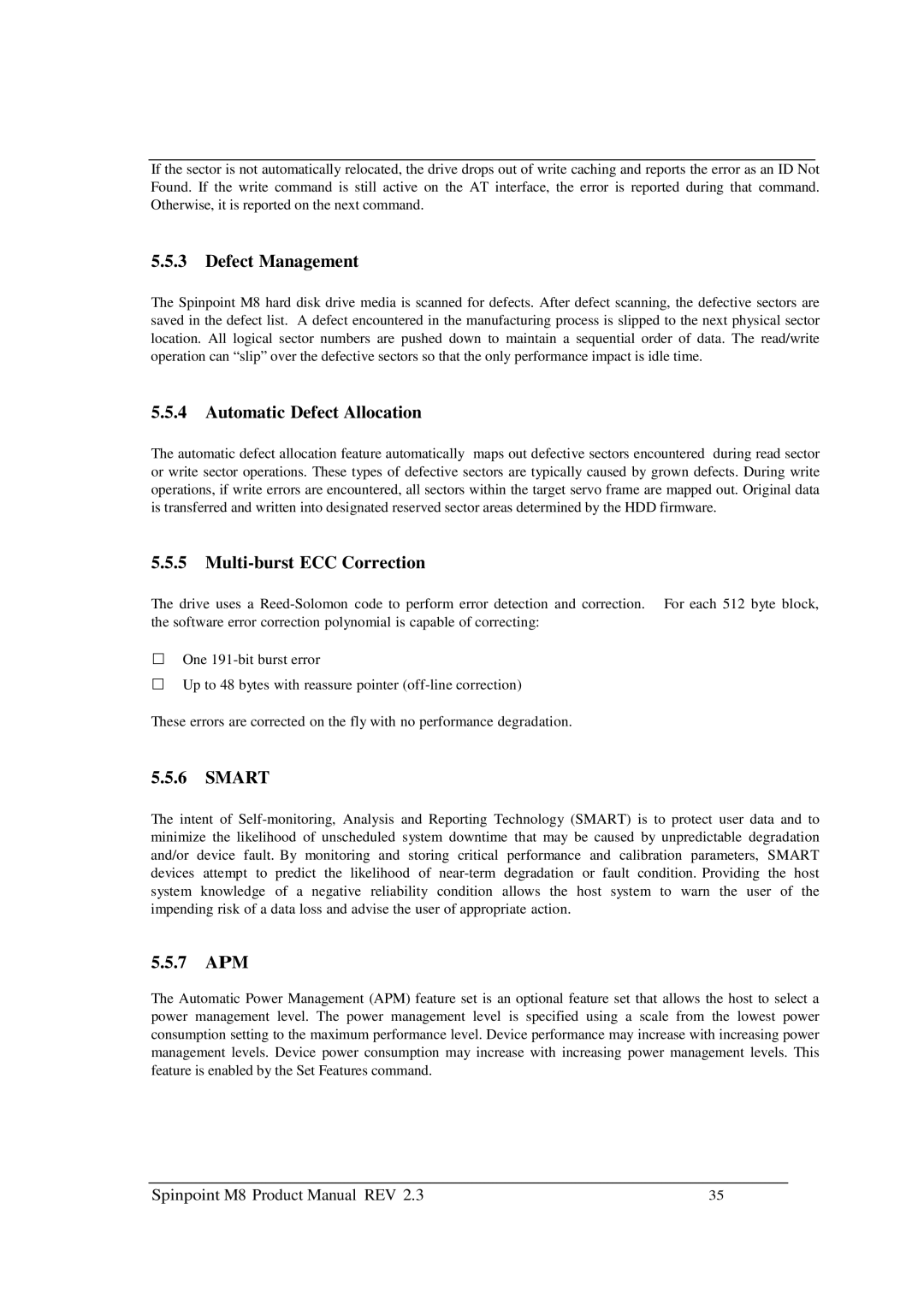 Samsung M8 manual Defect Management, Automatic Defect Allocation, Multi-burst ECC Correction, Smart, 7 APM 