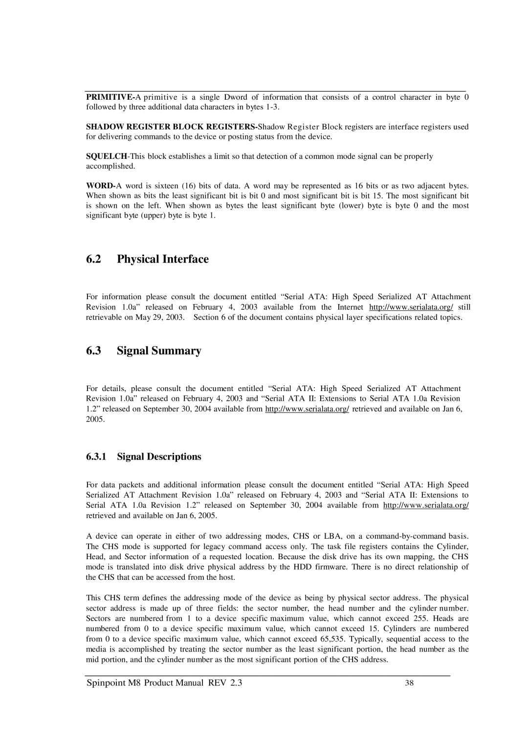 Samsung M8 manual Physical Interface Signal Summary, Signal Descriptions 