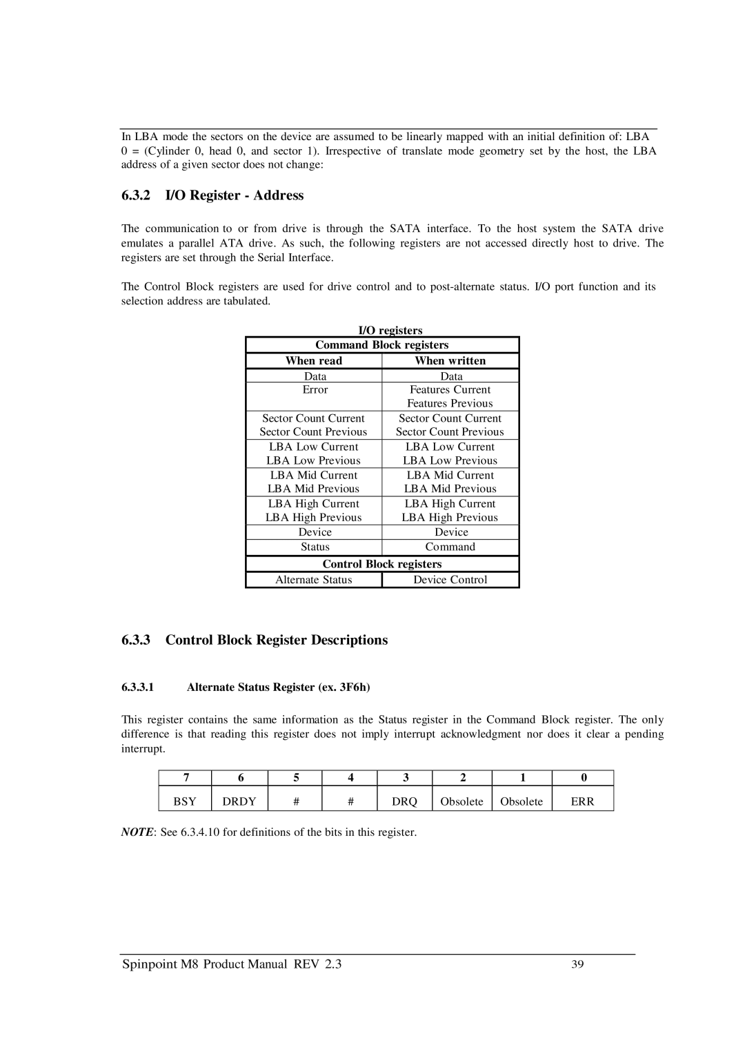 Samsung M8 manual 2 I/O Register Address, Control Block Register Descriptions, Registers, When read When written 