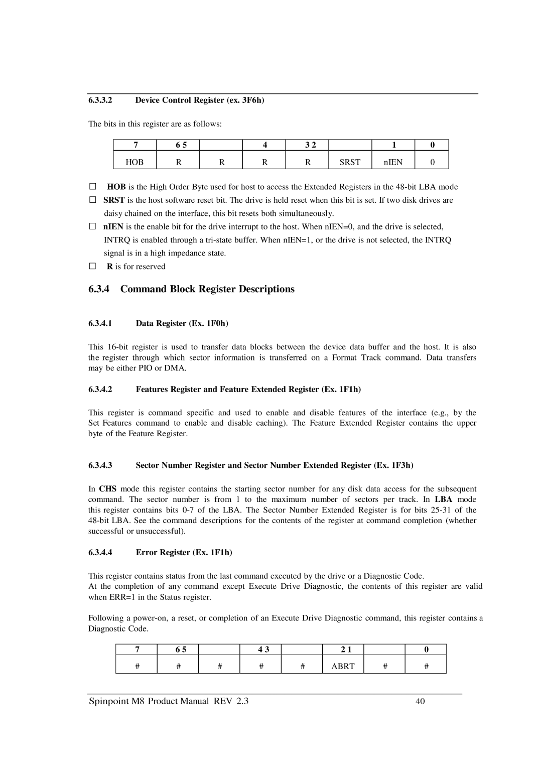 Samsung M8 manual Command Block Register Descriptions, Device Control Register ex F6h, Data Register Ex F0h 