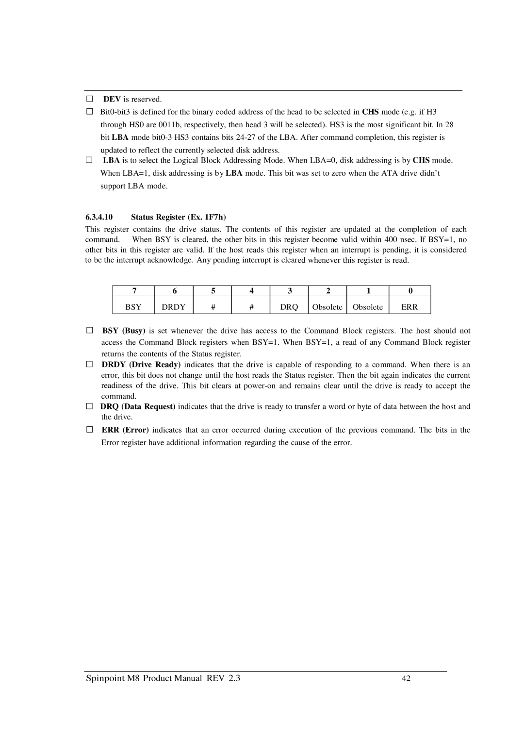 Samsung M8 manual Status Register Ex F7h 