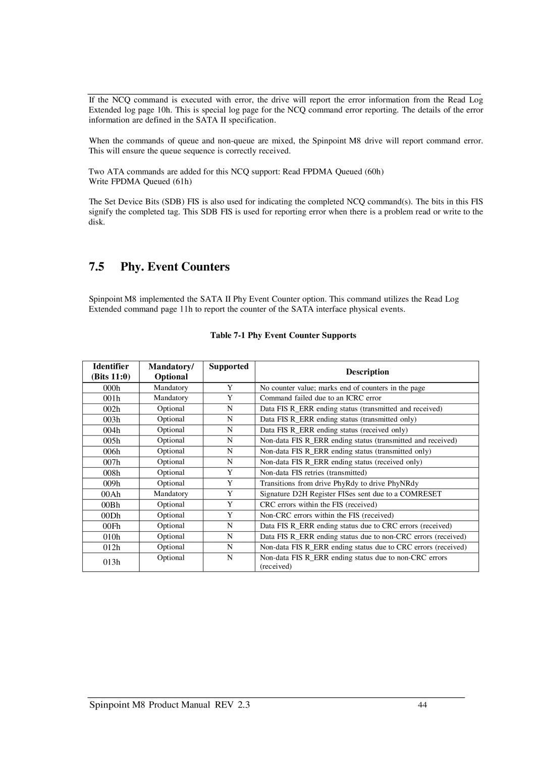 Samsung M8 manual Phy. Event Counters 