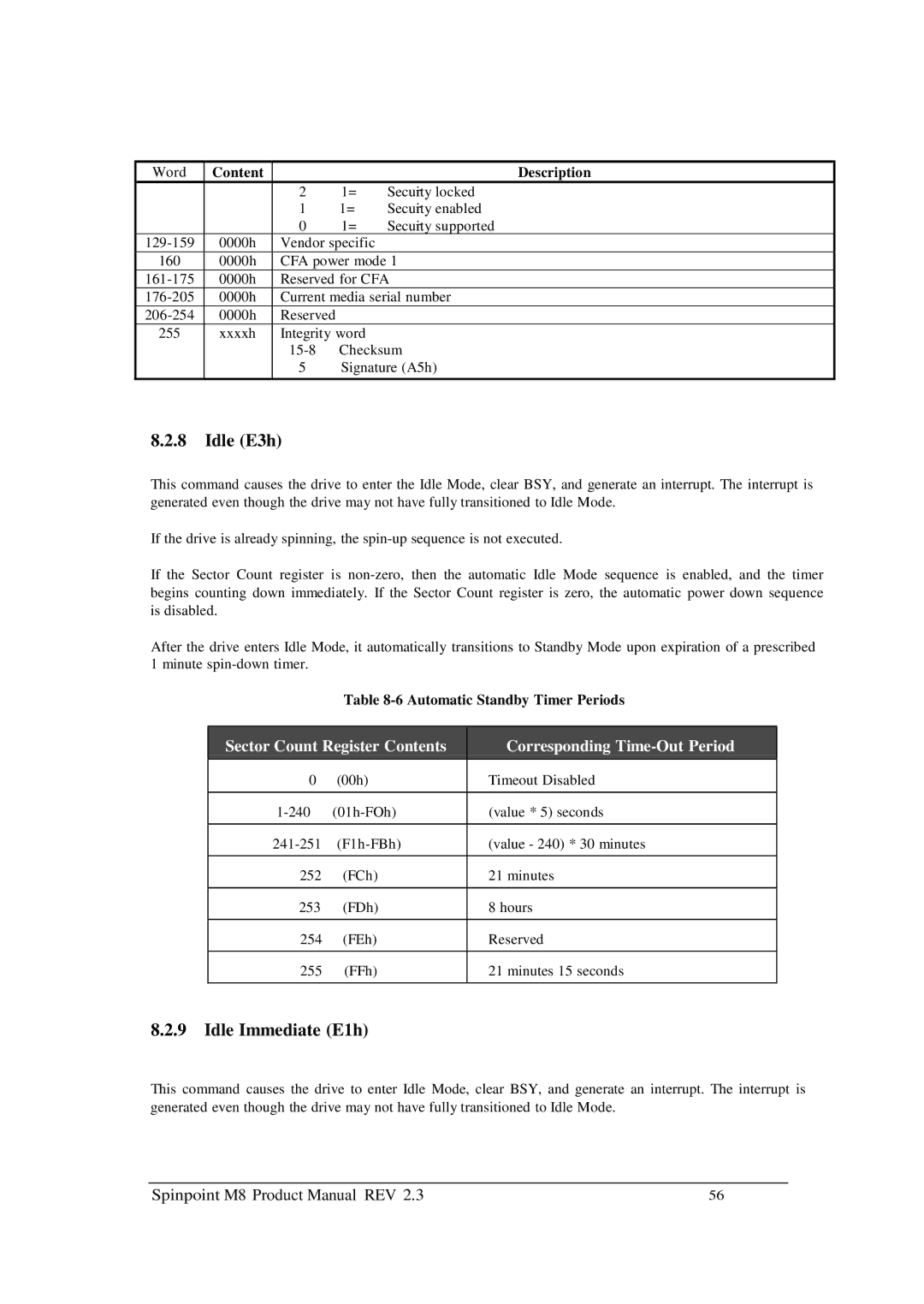 Samsung M8 manual Idle E3h, Idle Immediate E1h, Automatic Standby Timer Periods 