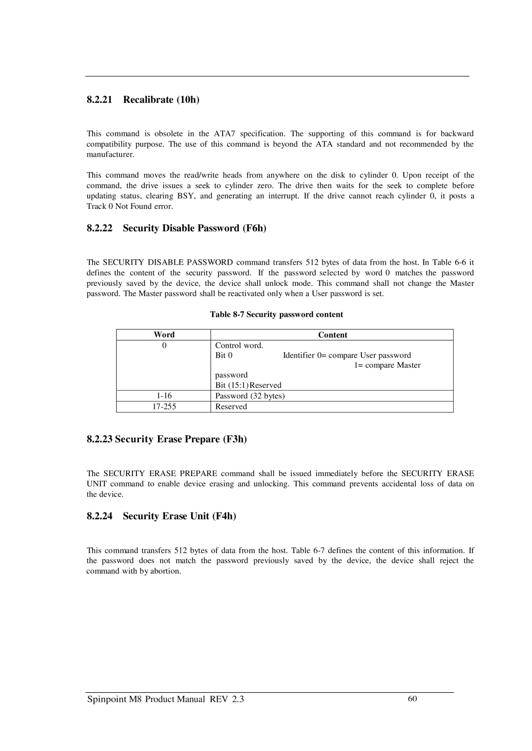 Samsung M8 manual Recalibrate 10h, Security Disable Password F6h, Security Erase Prepare F3h, Security Erase Unit F4h 