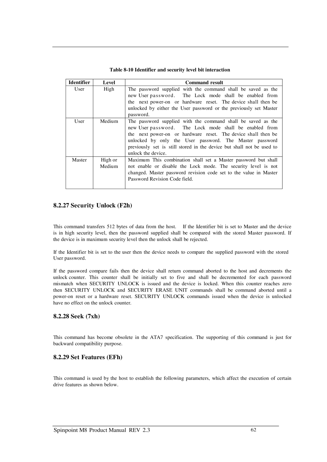 Samsung M8 manual Security Unlock F2h, Seek 7xh, Set Features EFh, Identifier and security level bit interaction 