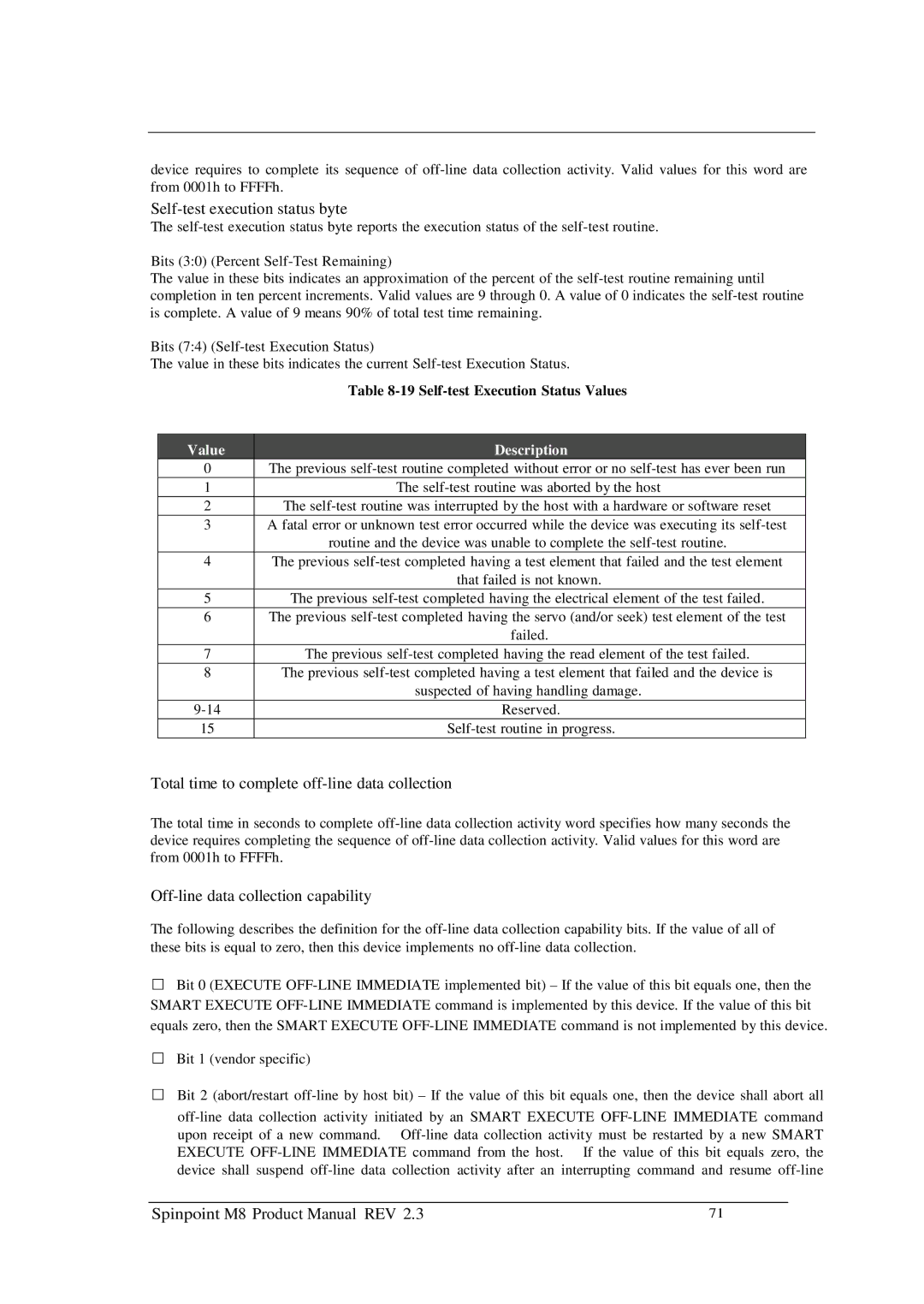 Samsung M8 manual Self-test execution status byte, Self-test Execution Status Values 