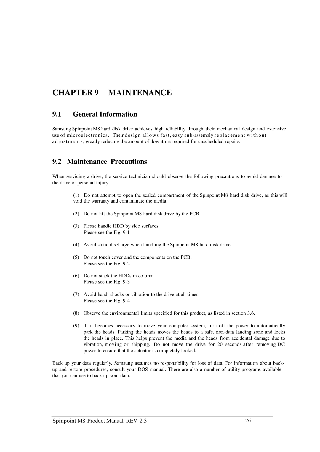 Samsung M8 manual General Information, Maintenance Precautions 