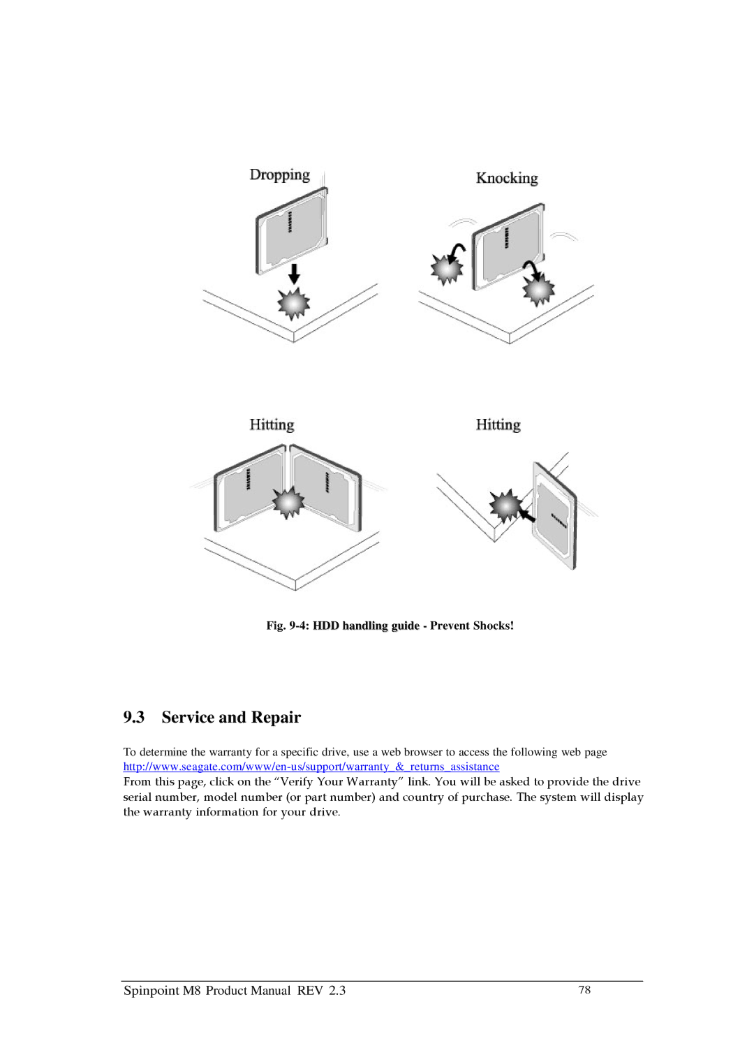 Samsung M8 manual Service and Repair, HDD handling guide Prevent Shocks 