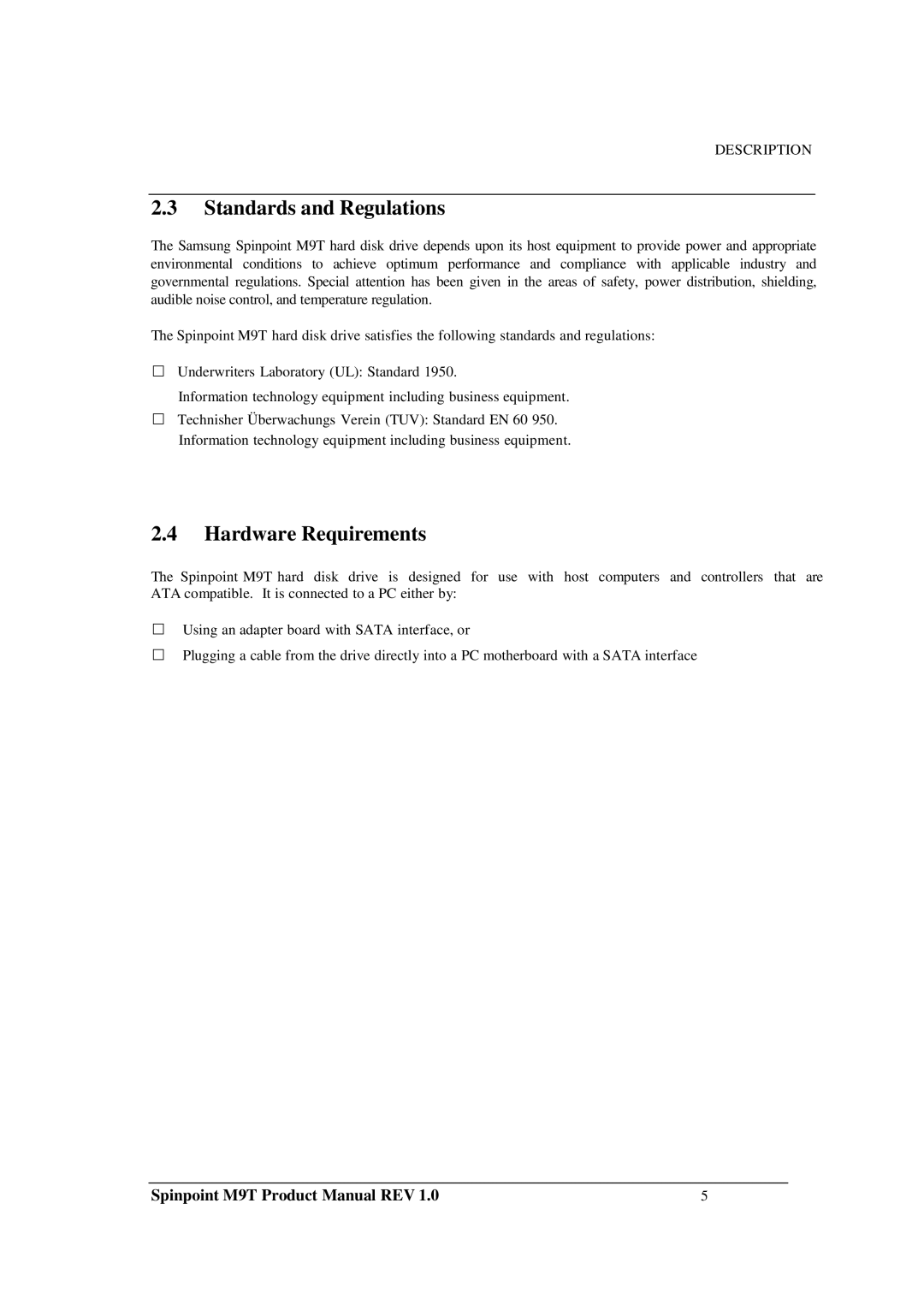 Samsung M9T manual Standards and Regulations, Hardware Requirements 