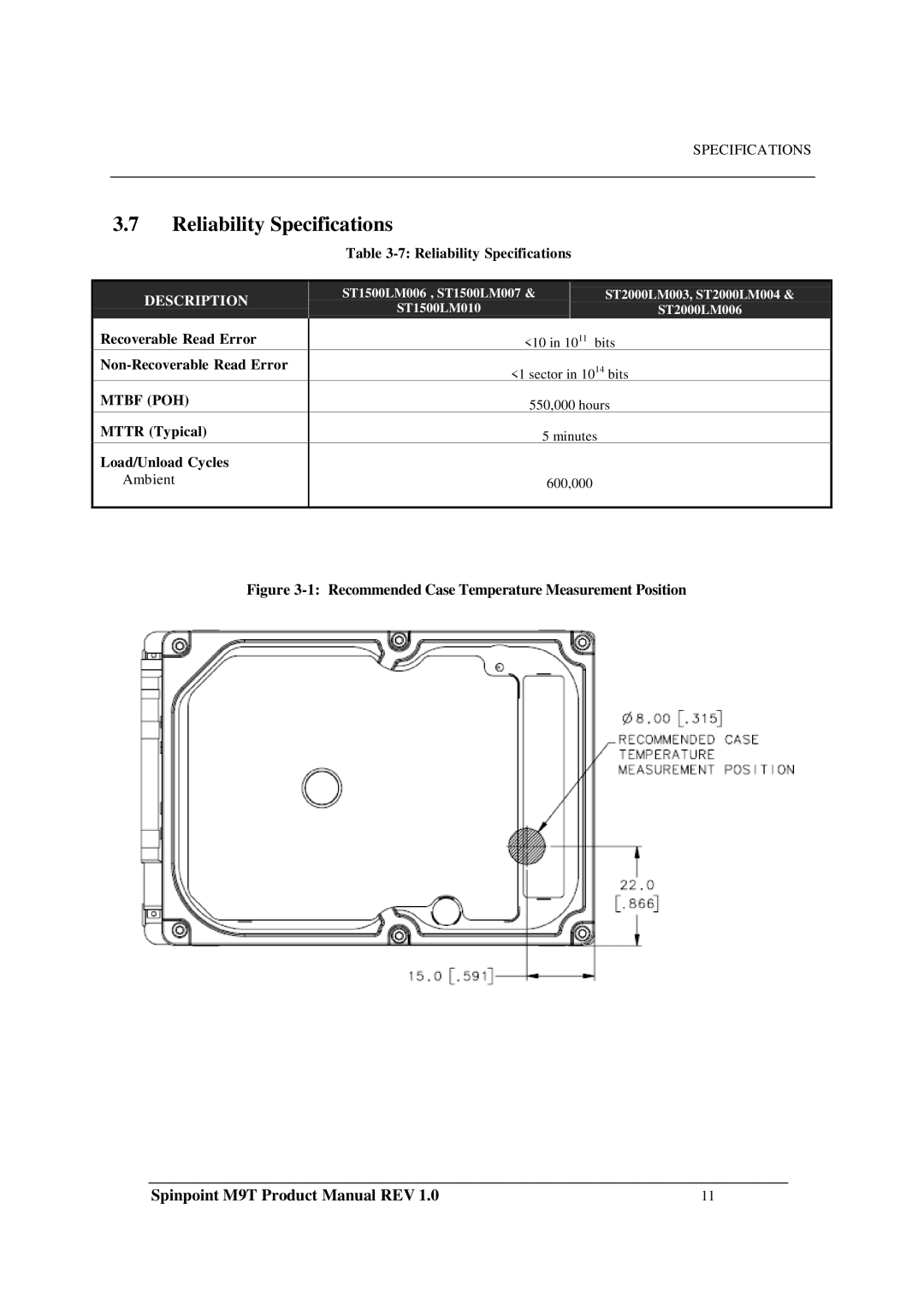 Samsung M9T manual Reliability Specifications 