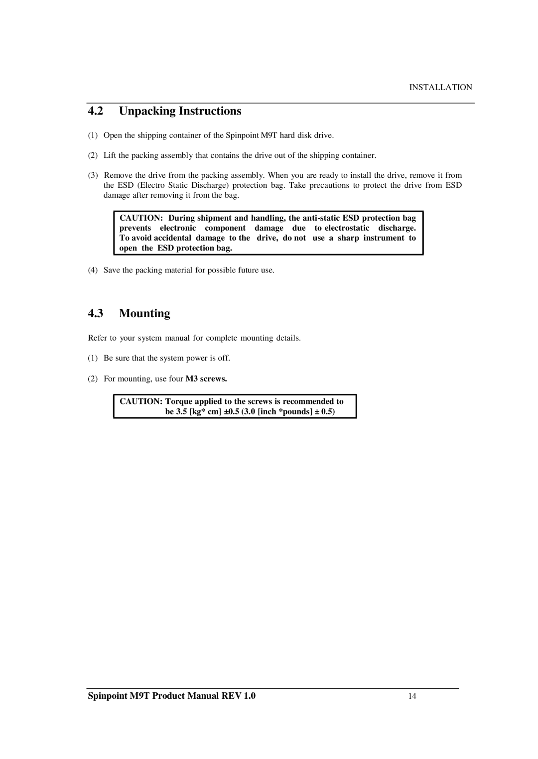 Samsung M9T manual Unpacking Instructions, Mounting 