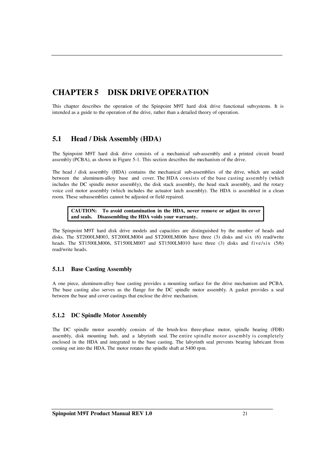 Samsung M9T manual Disk Drive Operation, Head / Disk Assembly HDA, Base Casting Assembly, DC Spindle Motor Assembly 