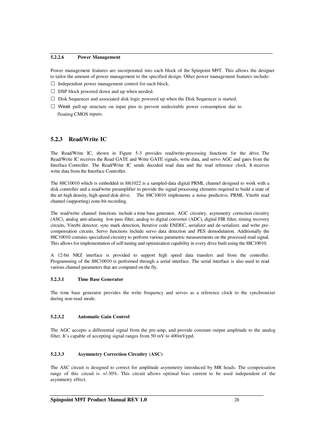 Samsung M9T manual Read/Write IC, Power Management, Time Base Generator, Automatic Gain Control 