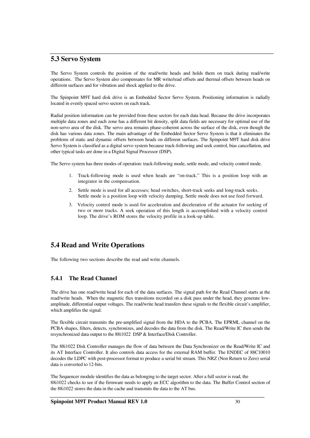 Samsung M9T manual Servo System, Read and Write Operations, Read Channel 