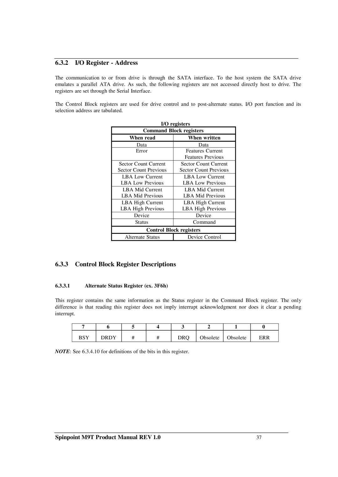 Samsung M9T manual 2 I/O Register Address, Control Block Register Descriptions, Registers, When read When written 