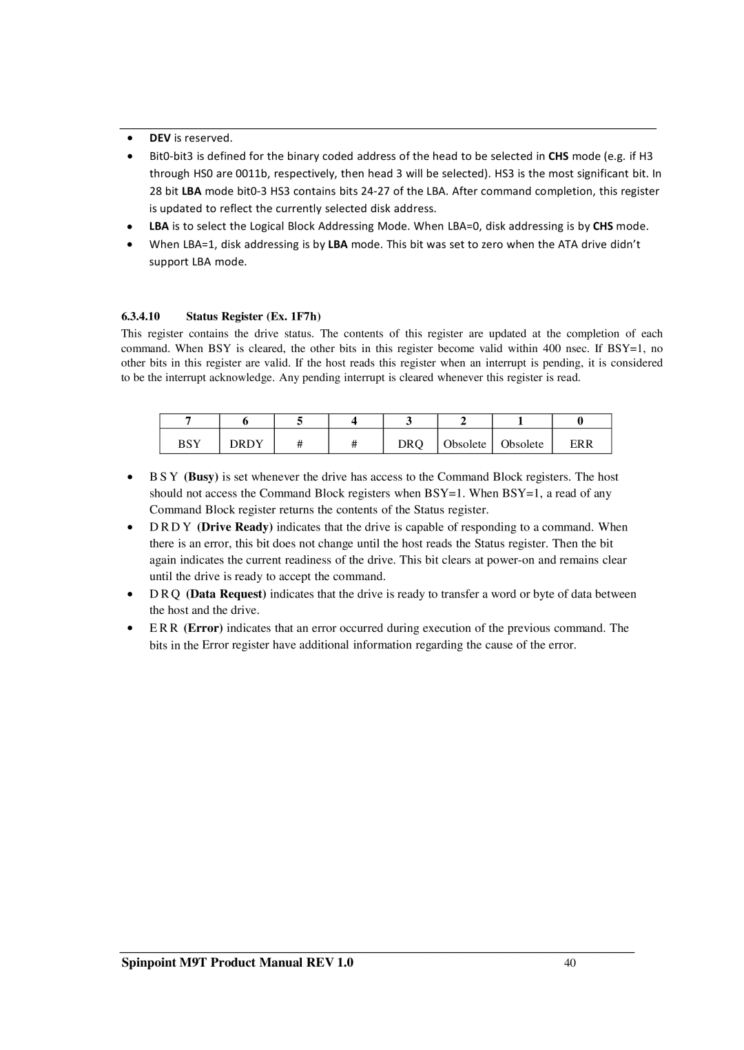 Samsung M9T manual Status Register Ex F7h 