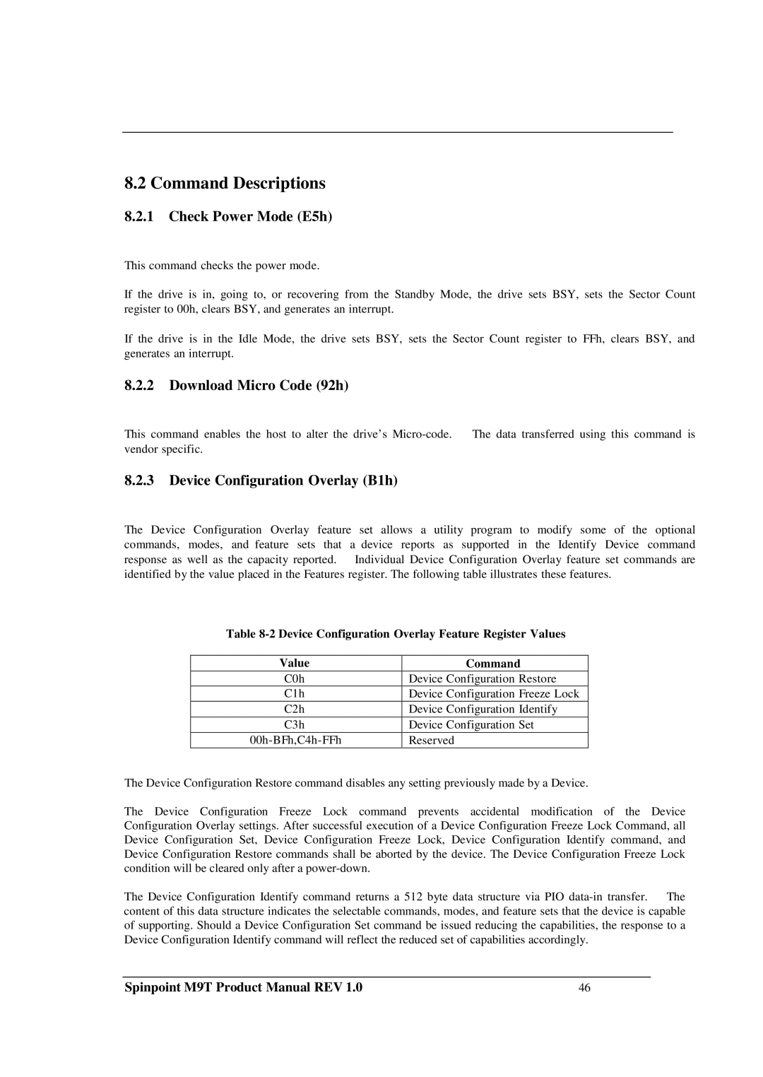 Samsung M9T manual Command Descriptions, Check Power Mode E5h, Download Micro Code 92h, Device Configuration Overlay B1h 