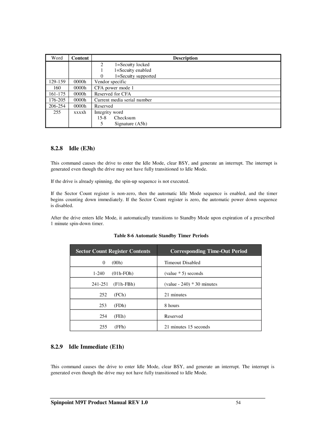 Samsung M9T manual Idle E3h, Idle Immediate E1h, Automatic Standby Timer Periods 