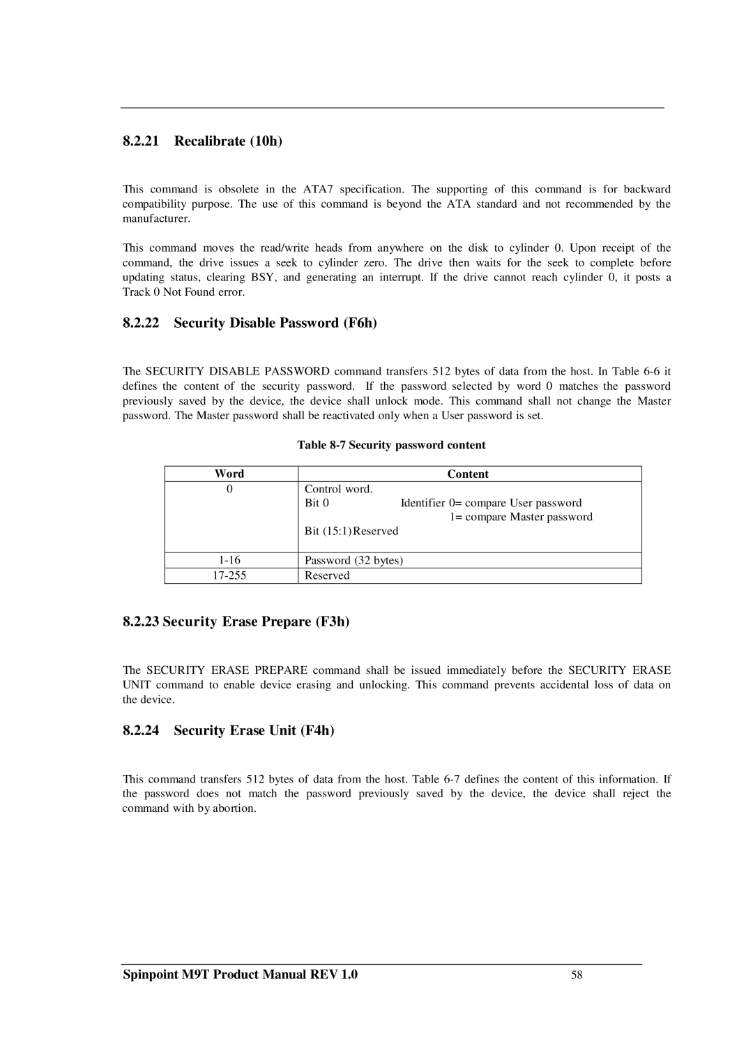 Samsung M9T manual Recalibrate 10h, Security Disable Password F6h, Security Erase Prepare F3h, Security Erase Unit F4h 