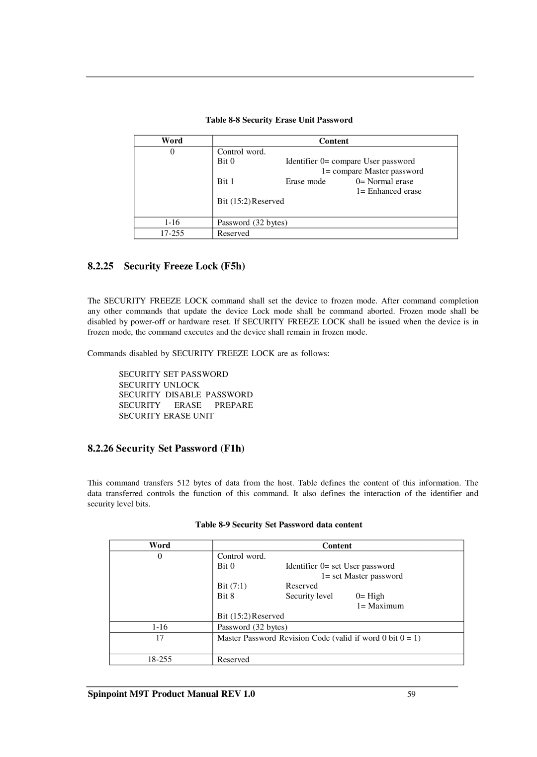 Samsung M9T manual Security Freeze Lock F5h, Security Set Password F1h, Security Erase Unit Password Word Content 