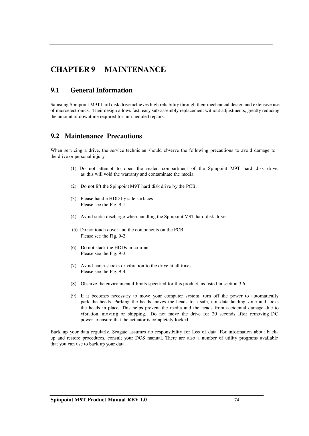 Samsung M9T manual General Information, Maintenance Precautions 