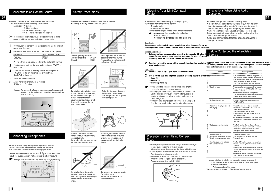 Samsung MAX-900 instruction manual Connecting to an External Source, Safety Precautions, Cleaning Your Mini-Compact System 