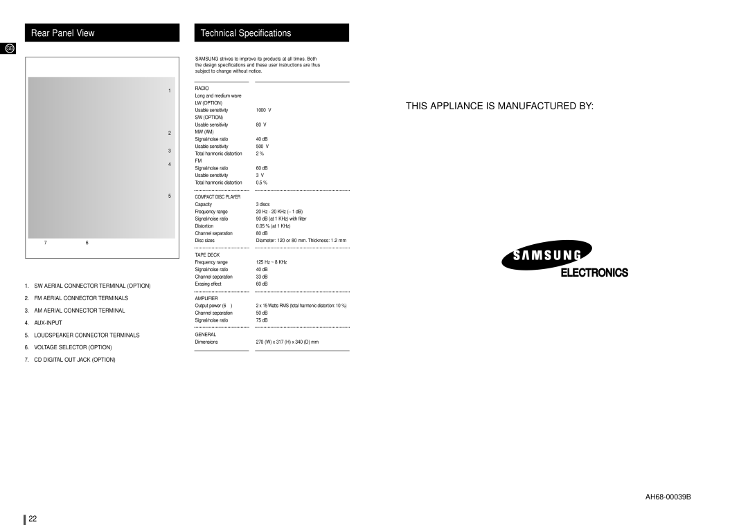 Samsung MAX-900 instruction manual Rear Panel View, Technical Specifications 