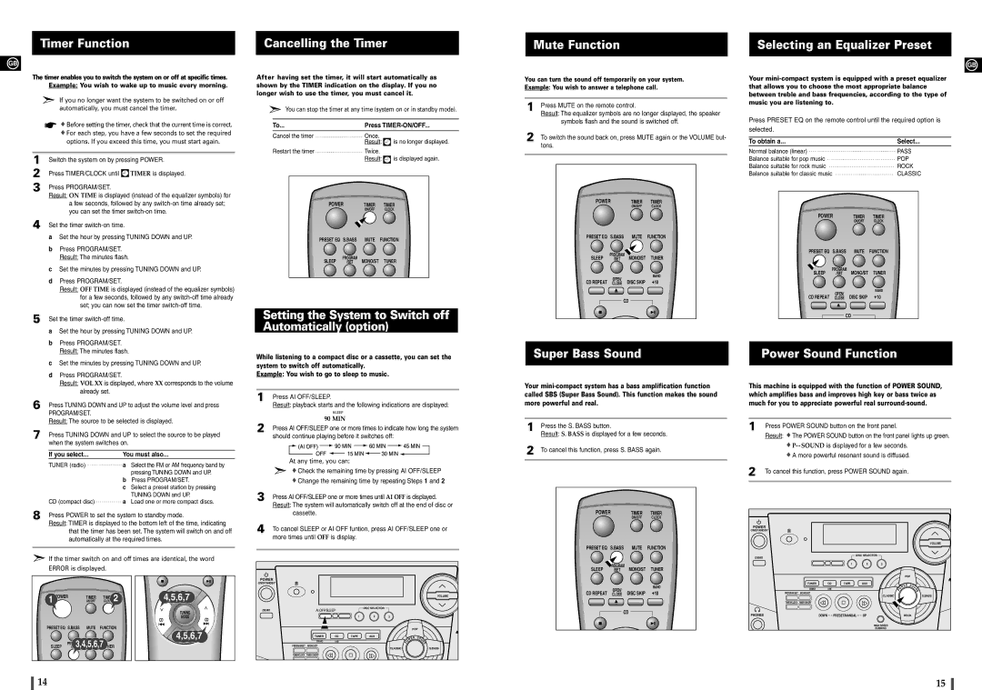 Samsung MAX-900 Timer Function, Cancelling the Timer, Selecting an Equalizer Preset, Super Bass Sound Power Sound Function 