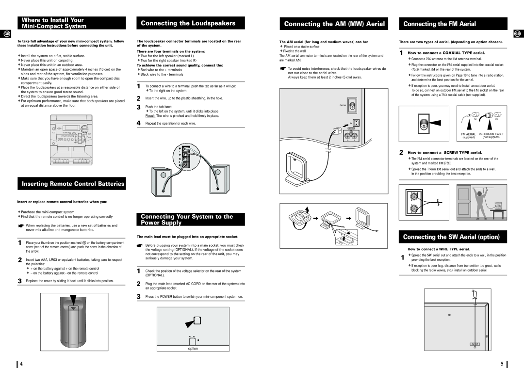Samsung MAX-900 instruction manual Connecting the Loudspeakers, Connecting the AM MW Aerial, Connecting the FM Aerial 