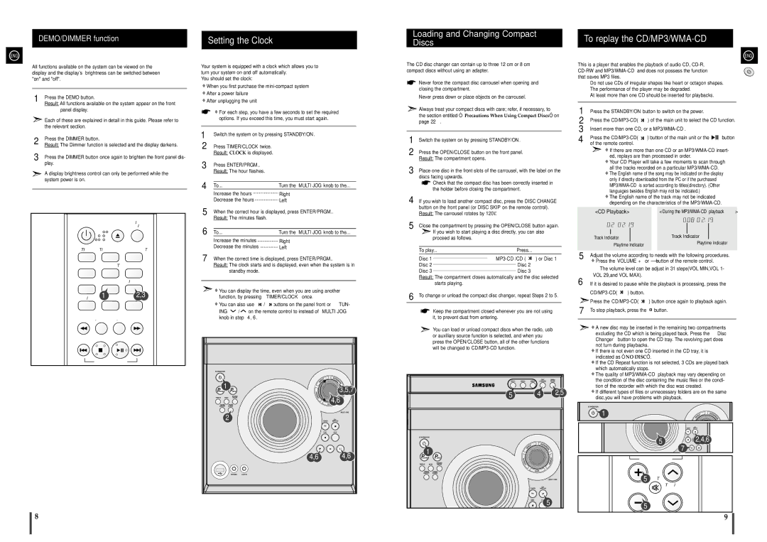 Samsung MAX-A55UR/EDC manual Setting the Clock, To replay the CD/MP3/WMA-CD 